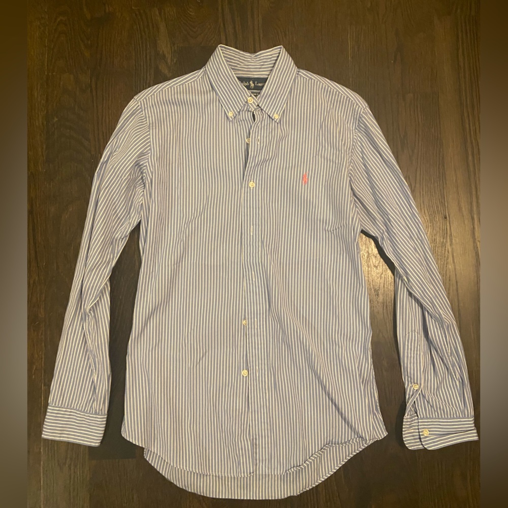 Classic blue and white strip polo shirt— barely worn!